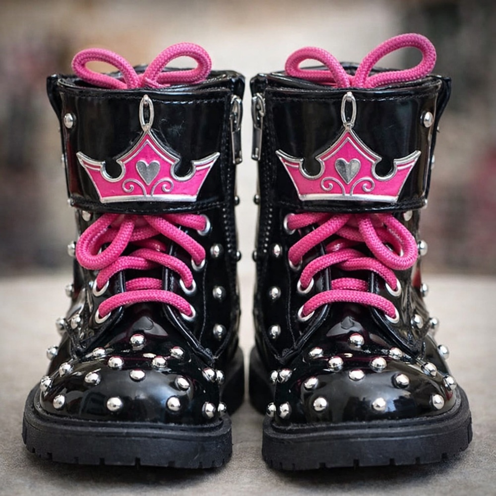 Disney Store Princess Studded Combat Boots Pink Crown Girls Size 13